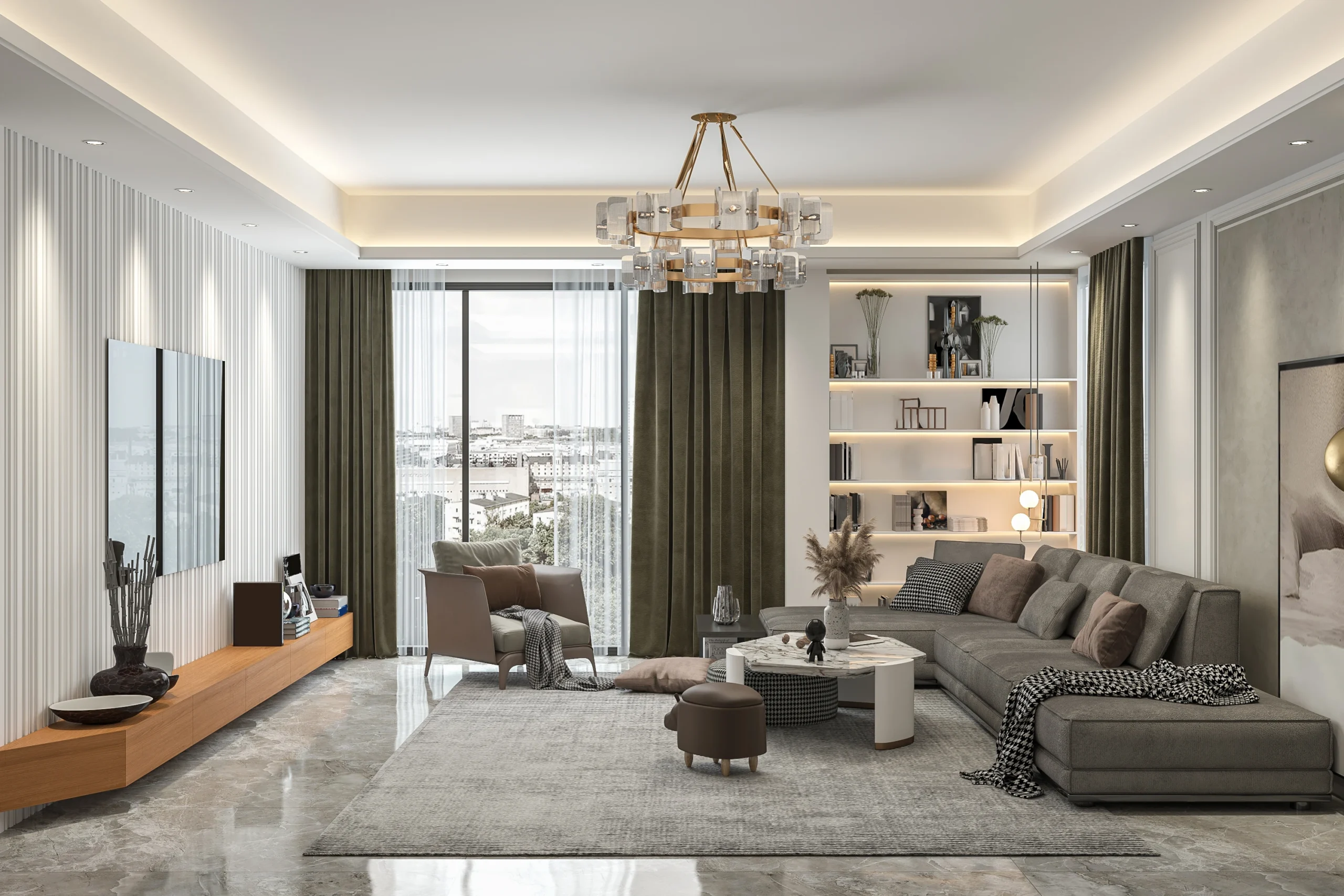 perfect-balance-luxury-family-living-with-loft-styli-sofa-bookshelf-with-books-window-view